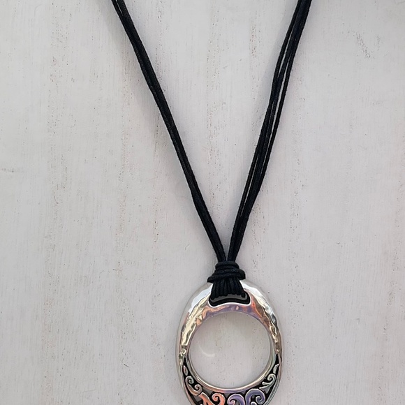 Brighton Eclipse Necklace Black Cord Silvertone Oval Filigree Pendant 15” - Picture 2 of 8